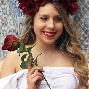 Dark Red Rose Flower Crown Headband Mexican Wedding Bridal Headpiece Bride Music Festival Boho Bridesmaids Bohemian Gypsy Frida Kahlo image 2