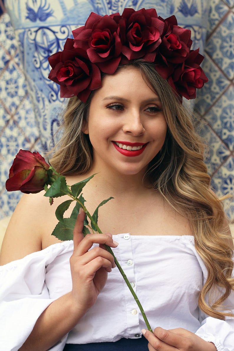 Dark Red Rose Flower Crown Headband Mexican Wedding Bridal Headpiece Bride Music Festival Boho Bridesmaids Bohemian Gypsy Frida Kahlo image 2