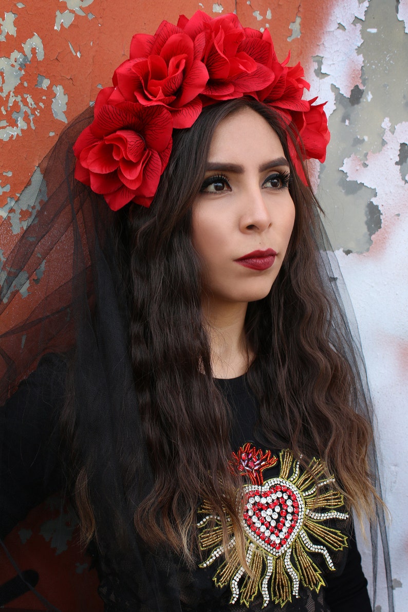 Red Rose WITH BLACK VEIL Flower Crown Headband Mexican | Etsy