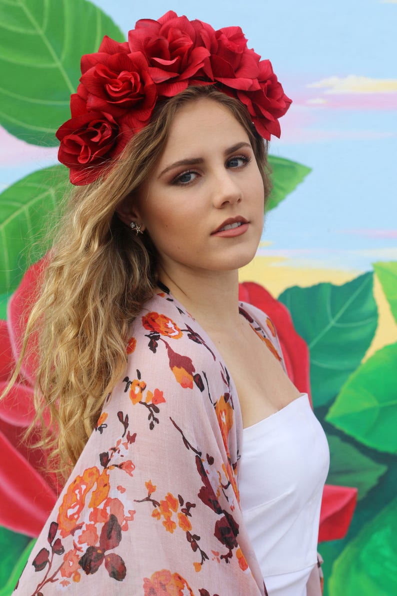 Red Rose Flower Crown Headband Mexican Wedding Bridal Headpiece Bride Music Festival Boho Wedding Gypsy Bridesmaids Wreath Adult Girl image 7