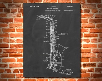 Retro 1938 Saxophone - Vintage Art Print Poster or Canvas, Patent Illustration, Wall Art, Decor, Music, Jazz, Coltrane, Sax, Saxophone - 377