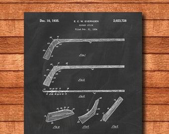 Retro 1935 Hockey Stick - Vintage Art Print Poster or Canvas, Patent Wall Art, Home Decor, Winter Sport, Ice Hockey, Gift Idea 278