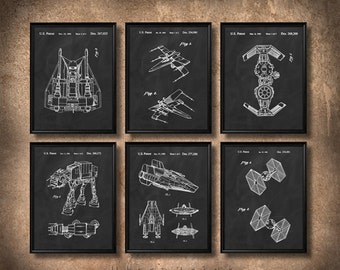 SET of 6 Star Wars Art Posters, Vintage Patent Illustration, Art Print, Canvas, Wall Art Decor, Star Wars Gift, Spaceship Art - s661