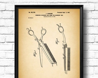 Retro 1901 "Scissors And Comb" Vintage Patent Illustration, Art Print Poster, Wall Art, Home Decor, Bathroom, Hair Stylist, Barber, Gift 892