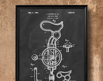 Retro 1922 "Hand Drill" Vintage Patent Illustration, Art Print Poster, Wall Art, Home Decor, Work, Tools, Hardware, Construction, Gift 796