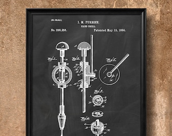Retro 1884 "Hand Drill" Vintage Patent Illustration, Art Print Poster, Wall Art, Home Decor, Work, Tools, Hardware, Construction, Gift 261