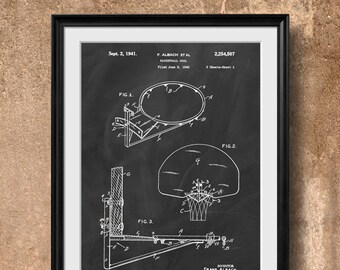Retro 1941 Basketball Goal - Vintage Patent, Art Print Poster or Canvas, Wall Art, Home Decor, Team Sport, Basket Ball, Gift 347