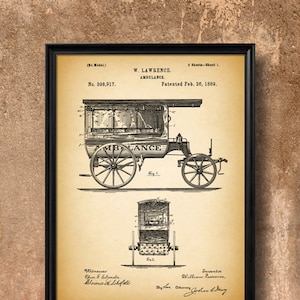 Retro 1889 Ambulance, Vintage Patent Art Print Poster, Wall Art, Home Decor, Medical, Doctor, Emergency, Hospital, Nurse EMT Gift 596