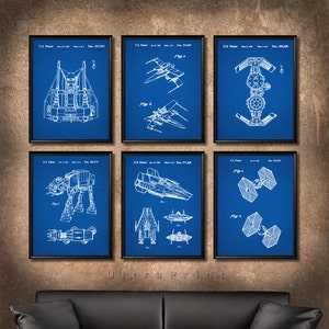 SET of 6 Star Wars Art, Posters, Vintage Patent Illustration, Art Print, Canvas, Wall Art Decor, Star Wars Gift, Spaceship Art, Gift - s661