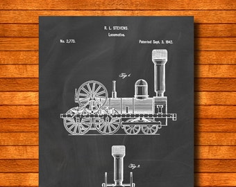 Retro 1842 "Locomotive" by Robert Stevens, Vintage Patent Illustration, Art Print Poster, Wall Art, Home Decor, Train, Railroad, Gift 1044