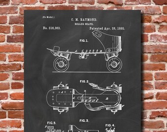Retro illustrazione di brevetto dell'annata 1885 "Roller Skate", stampa d'arte Poster, arte della parete, Oggettistica per la casa, pattinaggio, pattini a rotelle, Roller Derby, regalo 280