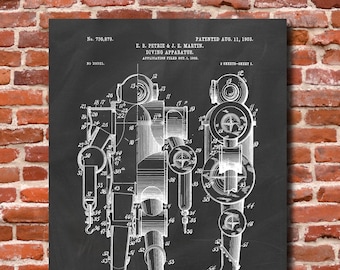 Retro 1902 "Diving Apparatus" Vintage Patent Illustration, Art Print Poster, Wall Art, Home Decor, Scuba, Underwater, Diving Suit, Gift 810