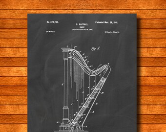 Retro 1901 "Harp" Vintage Patent Illustration, Art Print Poster, Wall Art, Home Decor, Classical Music, Orchestra, Instrument, Gift Idea 289