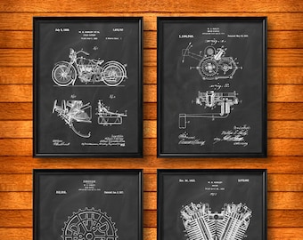 SET of 4 Harley Davidson Motorcycle Vintage Art, Patent Illustration, Print Poster, Wall Art, Home Decor, Harley Davidson Motorcycle - s385