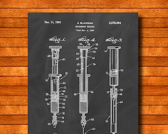 Retro 1951 "Syringe" Vintage Patent Illustration, Art Print Poster, Wall Art, Home Decor, Medical, Clinic, Hospital, Doctor, Nurse, Gift 164