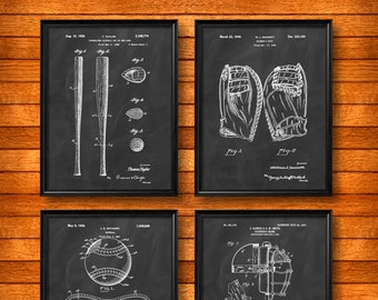 SET of 4 BASEBALL Art Posters, Vintage Illustrations, Art Print or Canvas, Wall Art, Home Decor, Baseball, Base Ball, Baseball Gift s52