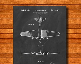 Retro 1939 "Monoplane" Vintage Patent Illustration, Art Print Poster, Wall Art, Home Decor, Aviation, Flying, Airplane, Plane, Gift 500