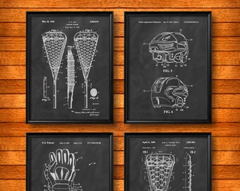 SET of 4 LACROSSE Art Posters, Vintage Patent Illustration, Art Print, Canvas, Wall Art, Home Decor, Lacrosse, Sport, Lacrosse Gift - s53