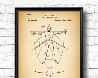 Retro 1881 "Swimming Apparatus" Vintage Patent Illustration, Art Print Poster, Wall Art, Home Decor, Swimming Equipment, Absurd, Funny 808