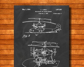 Retro 1934 "Helicoplane" Vintage Patent Illustration, Art Print Poster, Wall Art, Home Decor, Aviation, Helicopter, Airplane, Amphibian 496