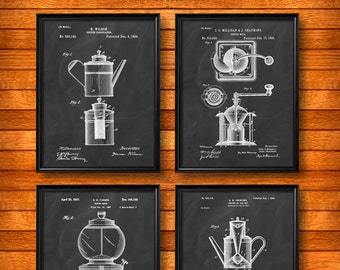 SET of 4 COFFEE Art Posters, Vintage Patent Illustration, Art Print or Canvas, Wall Art Home Decor, Coffee Making, Coffee Shop Gift s13