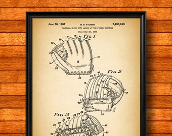 Retro 1961 "Baseball Glove" Vintage Patent Illustration, Art Print Poster, Wall Art, Home Decor, Baseball, Sport, Game, Base Ball, Gift 993