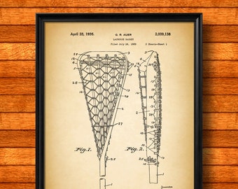 Retro 1936 "Lacrosse Racket" Vintage Patent Illustration, Art Print Poster, Wall Art, Home Decor, Sport, Game Of Lacrosse, Gift Idea 165