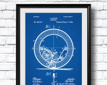 Retro 1892 "Unicycle" Vintage Patent Illustration, Art Print Poster, Wall Art, Home Decor, Cycling, Very Strange Rim Bicycle, Gift Idea 59