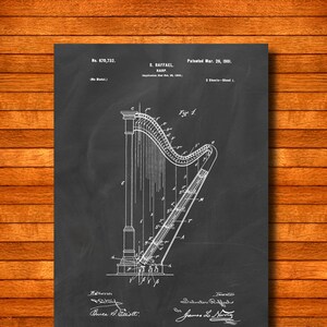 Retro 1901 &quot;Harp&quot; Vintage Patent Illustration, Art Print Poster, Wall Art, Home Decor, Classical Music, Orchestra, Instrument, Gift Idea 289