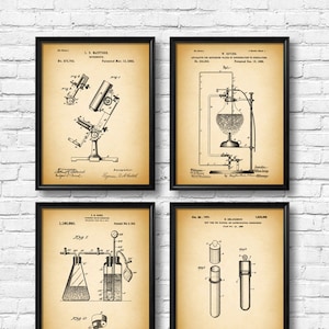 SET of 4 SCIENCE Posters, Vintage Patent Illustration, Art Print, Canvas, Wall Art, Biology, Chemistry, Science Gift s68