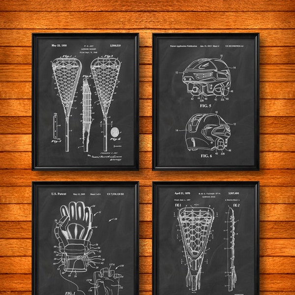 SET of 4 LACROSSE Art Posters, Vintage Patent Illustration, Art Print, Canvas, Wall Art, Home Decor, Lacrosse, Sport, Lacrosse Gift - s53