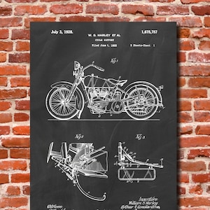 Retro 1928 Harley Motorcycle Vintage Art Print Poster or Canvas, Patent Wall Art, Home Decor, Harley Davidson, Classic Bike, Gift 385 image 1