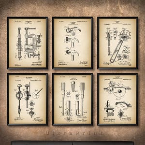 SET of 6 TOOLS Vintage Art, Print or Canvas, Patent Wall Art Decor, Hardware, Work Tools, Garage, Handyman Construction, Father&#39;s Gift s1043