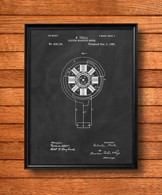 Retro 1889 Electric Motor by Nikola Tesla - Vintage Patent Art Print Poster or Canvas, Wall Art, Stylish Home Decor, Technology, Gift 128