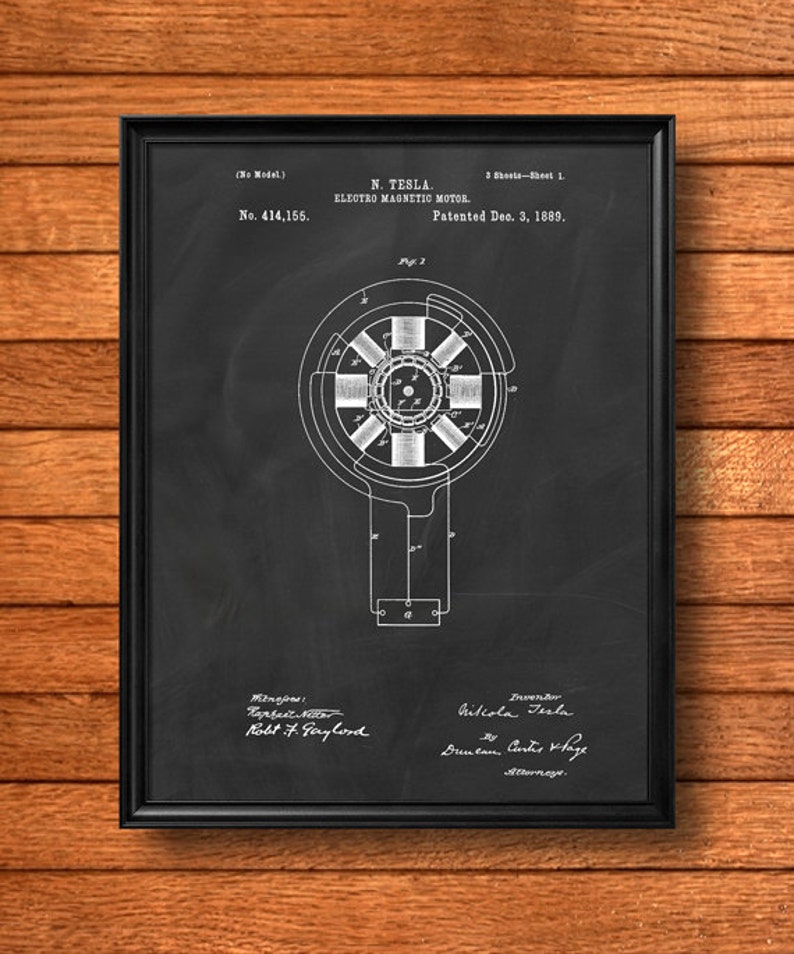 Op de afbeelding: Zwart-witte illustratie van een patent voor een elektromagnetische motor van Nikola Tesla. Het patentnummer is 414.155 en de datum is 3 december 1889. De illustratie toont een gedetailleerd diagram van de motor.