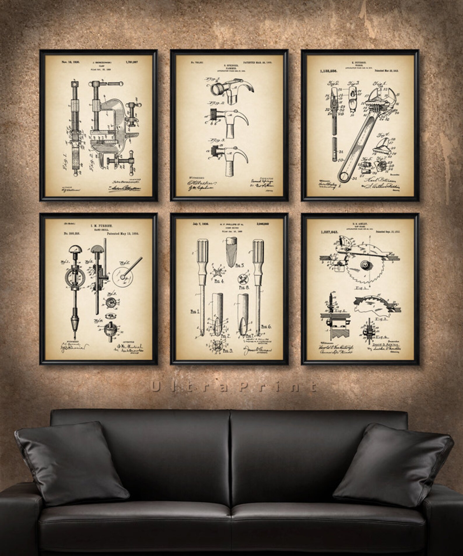 SET of 6 TOOLS Vintage Art, Print or Canvas, Patent Wall Art Decor ...