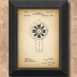 Op de afbeelding: Een zwart-witte patenttekening van Nikola Tesla's elektromagnetische motor. De tekening toont een gedetailleerd diagram van de interne componenten van de motor. Het patentnummer is 414.155 en de datum is 3 december 1889.