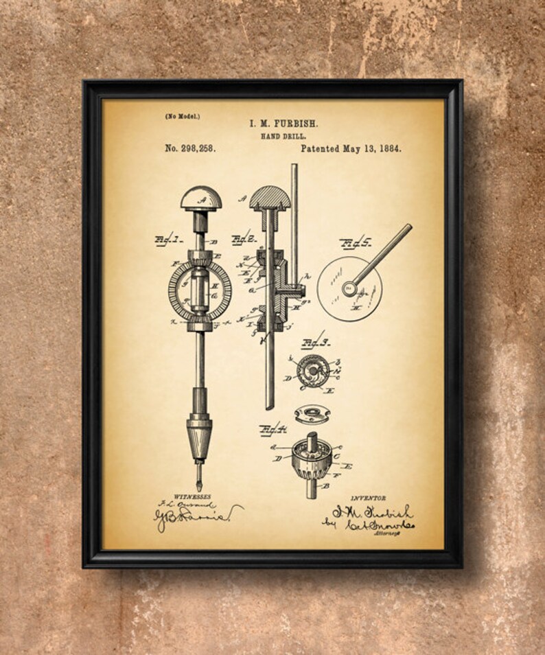 Retro 1884 Hand Drill Vintage Patent Illustration, Art Print Poster, Wall Art, Home Decor, Work, Tools, Hardware, Construction, Gift 261 image 2