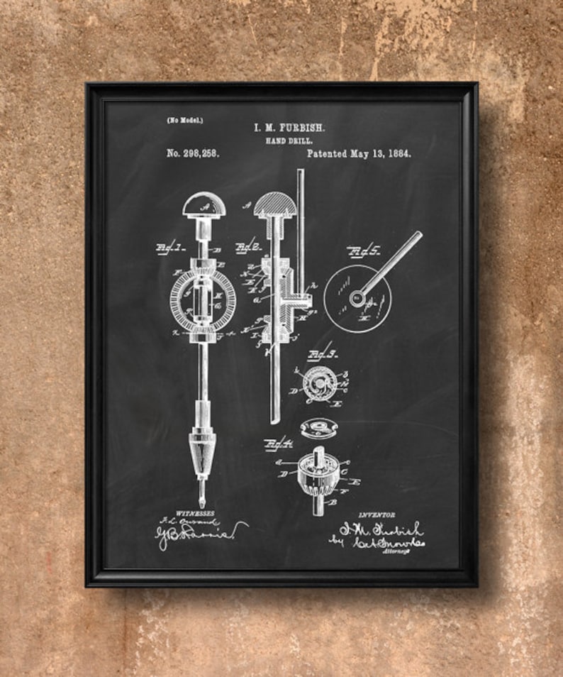 Retro 1884 Hand Drill Vintage Patent Illustration, Art Print Poster, Wall Art, Home Decor, Work, Tools, Hardware, Construction, Gift 261 image 1