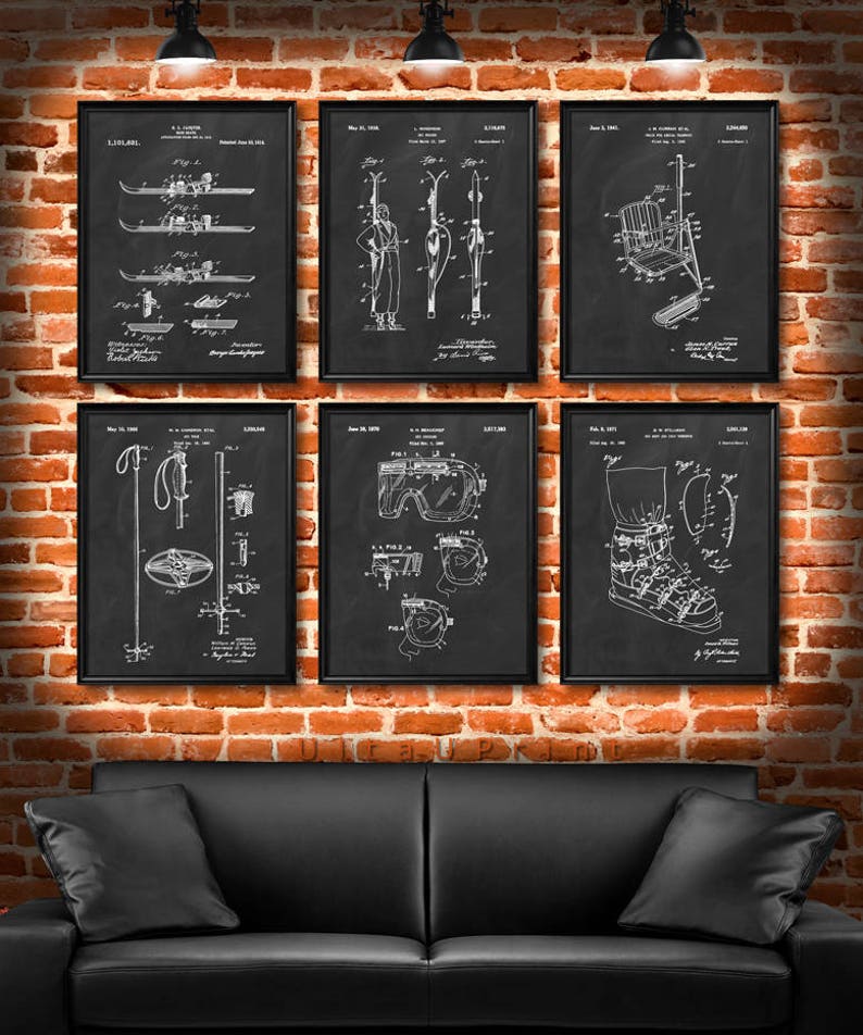 SET of 6 SKI Vintage Art, Print or Canvas, Patent Wall Art Decor, Ski, Gift for Skier, Ski Club, Ski Team, Skiing, Ski Racing Gift s22 image 1