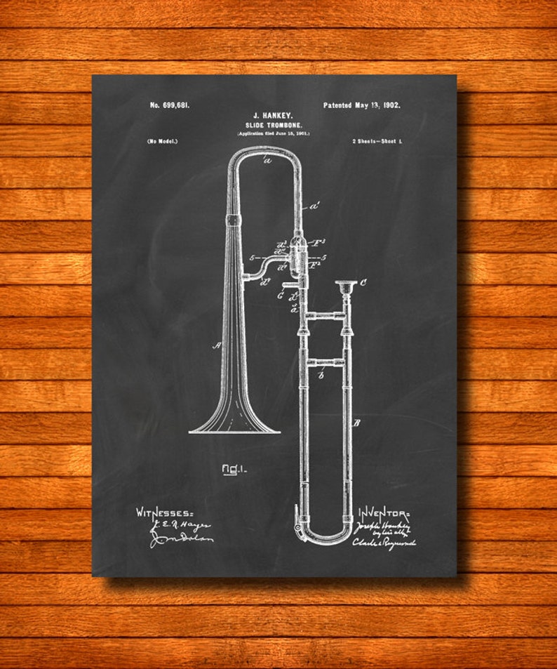 Retro 1902 slide Trombone Vintage Patent Illustration, Art Print Poster