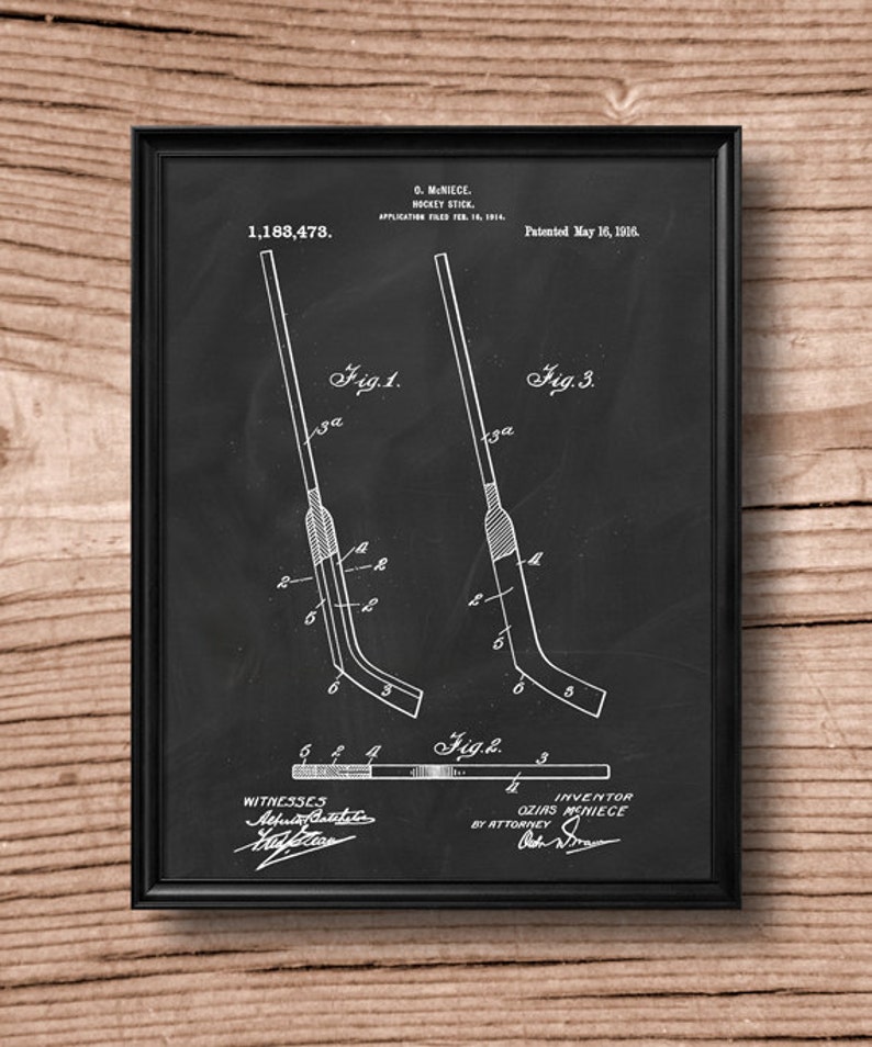 Puede incluir: Un dibujo de patente en blanco y negro de un dise&ntilde;o de palo de hockey. El dibujo muestra tres vistas diferentes del palo, etiquetadas como Fig. 1, Fig. 2 y Fig. 3. El n&uacute;mero de patente 1,188,473 es visible en la parte superior del dibujo. La patente se present&oacute; el 16 de febrero de 1914 y se patent&oacute; el 16 de mayo de 1916. El nombre del inventor, Ozias Moniece, aparece en la parte inferior del dibujo.