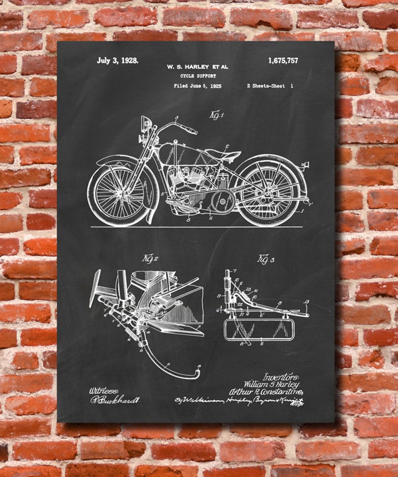 Retro 1928 Harley Motorcycle Vintage Art Print Poster or Canvas, Patent Wall Art, Home Decor, Harley Davidson, Classic Bike, Gift 385 image 1