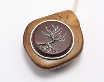Wooden necklace pendant, tree of life pendant, unique and handmade silver tree wood pendant