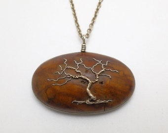Wooden pendant with sterling silver tree of life