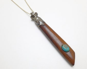 Vintage wooden handle fork pendant with turquoise gemstone