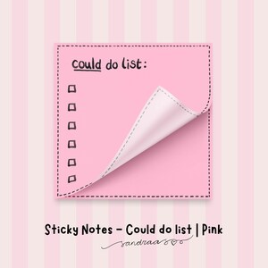 Op de afbeelding: Een roze plakbriefje met de tekst "could do list:" en selectievakjes. De rechterbovenhoek is omgekruld en onthult een wit interieur. De achtergrond is een roze en wit gestreept patroon.