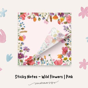 Post-it con fiori di prato selvatici – Blocco note Post-it® floreale ad acquerello su sfondo rosa chiaro per graziosi promemoria e liste di cose da fare