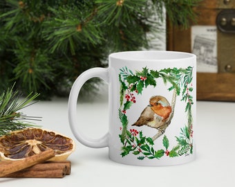 White glossy mug - Robin with holly
