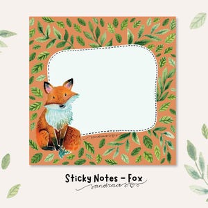 Op de afbeelding: Vierkante plaknotitie met een aquarel illustratie van een vos. De vos is oranje en wit, met een pluizige borst, en zit op een achtergrond van oranje en groene bladeren. De tekst "Sticky Notes - Fox" staat onderaan.